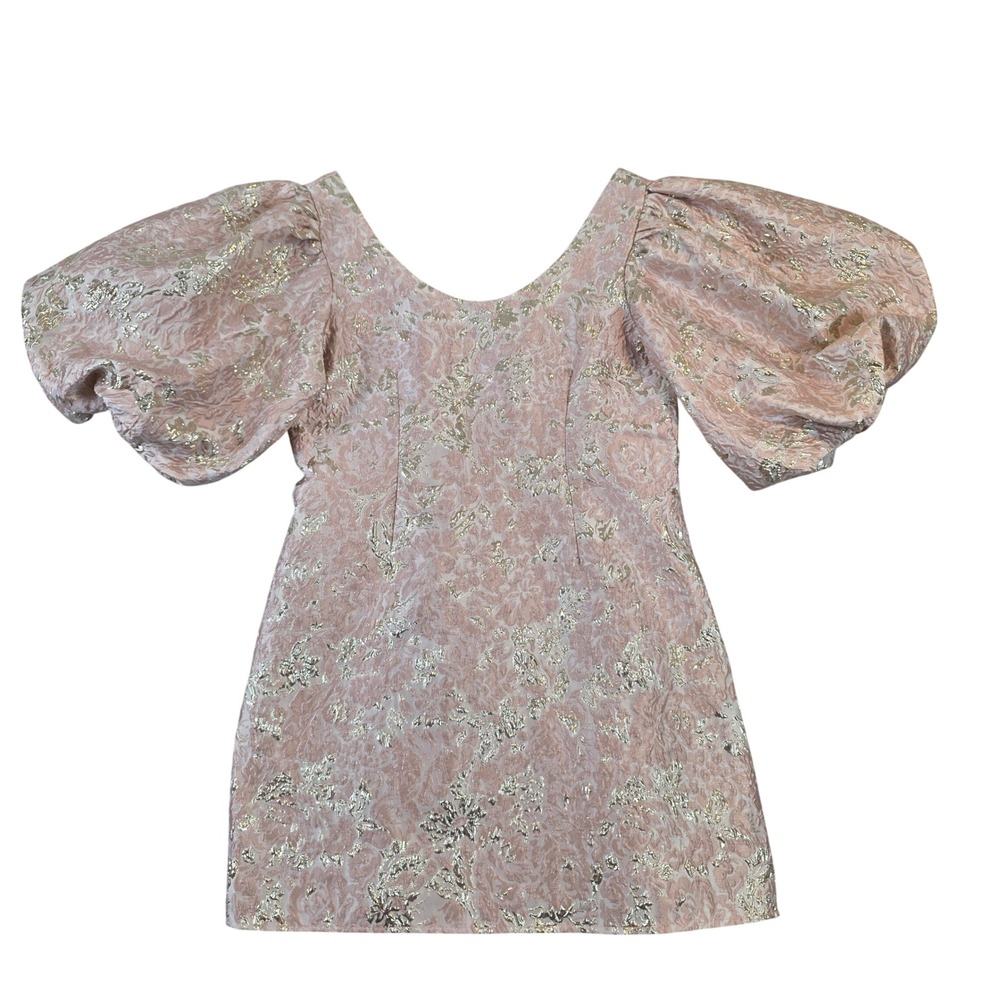 Sister Jane Pink Gold Floral Brocade Puff Sleeve Mini Dress Party Date Night Lg